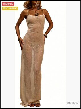 Sequin Mesh Fishtail Long Dress Sleeveless Square Neck Cami Maxi Dress